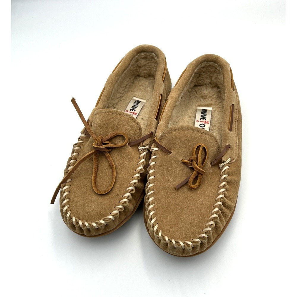 Minnetonka Suede Moccasin Slippers Shoes Women's 7M Tan Faux Fur Lined
